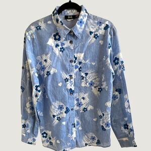 Tapestry Womens Blue White Floral Heart Print Button Down Shirt Made in USA